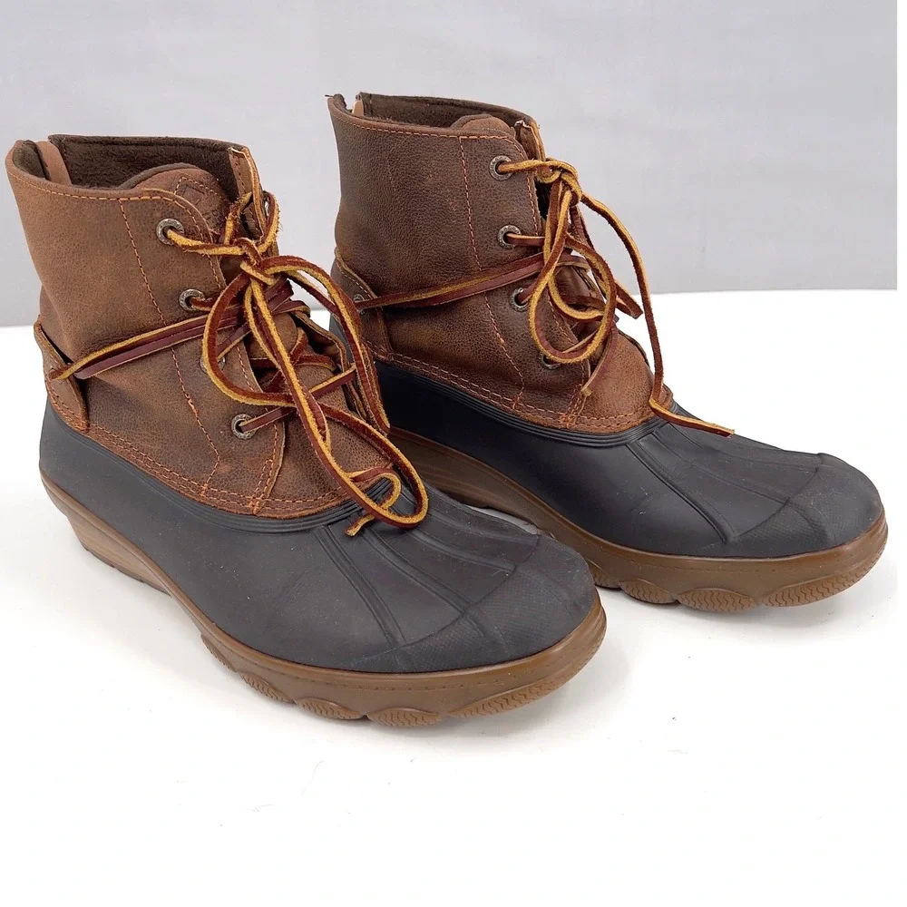 Sperry Saltwater Wedge Womens Duck Boot Tan Brown Leather Rubber Zip‎ 9.5